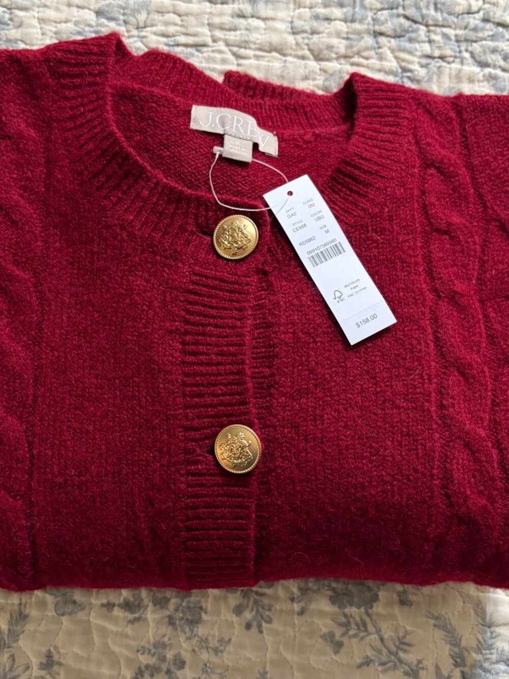 NWT J. Crew Women's M Burgundy-Red Wool Blend Cableknit Cardigan w/Gold Buttons - Picture 12 of 12